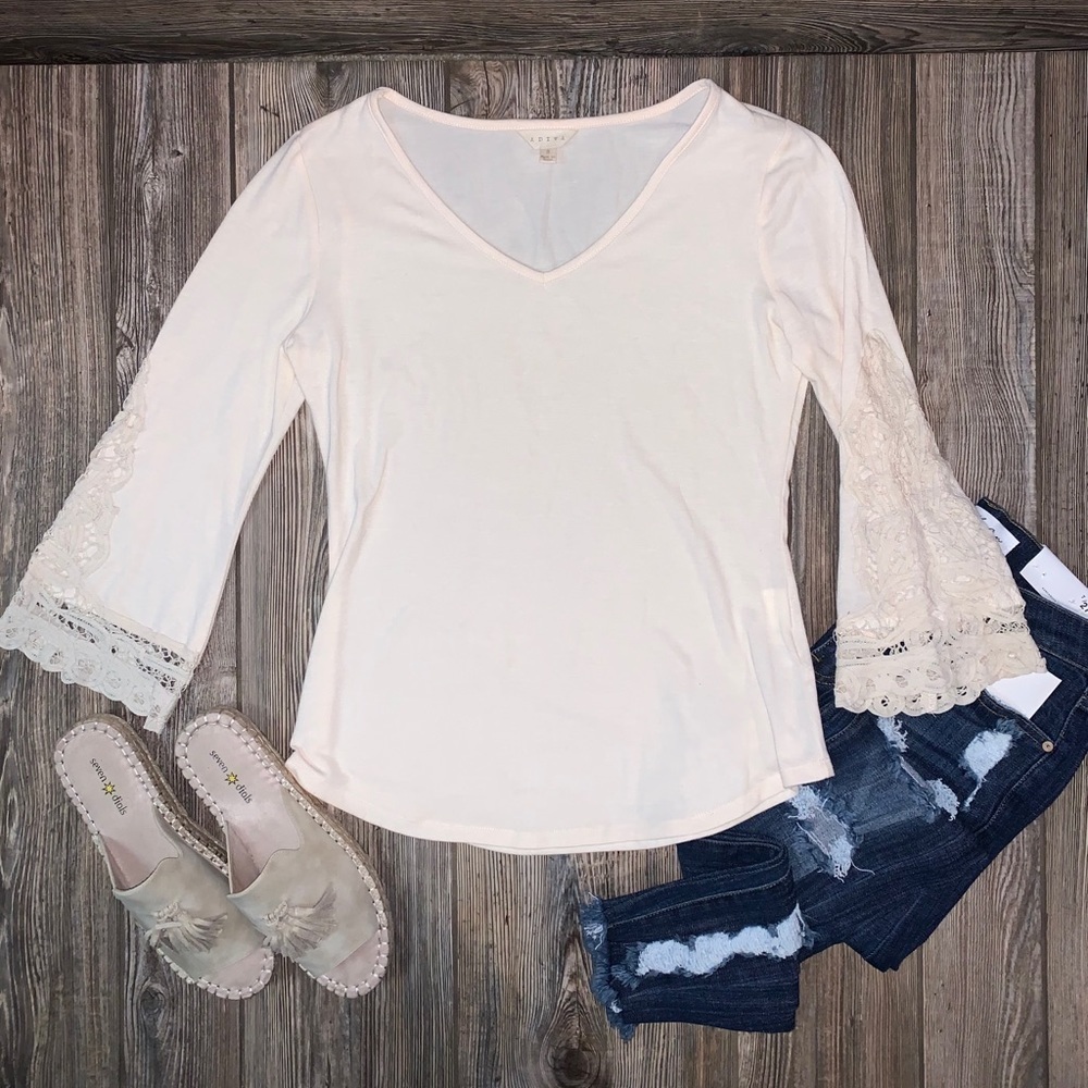 Adiva Cream 3/4 Lace Bell Sleeved Top V-Neck Soft Layering